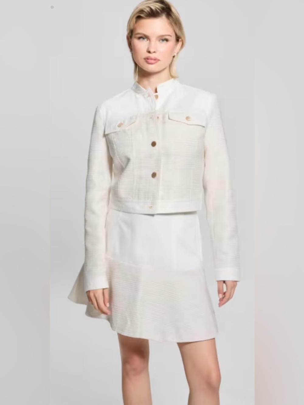 Cropped Textured Jacket and Skirt Set in Cream